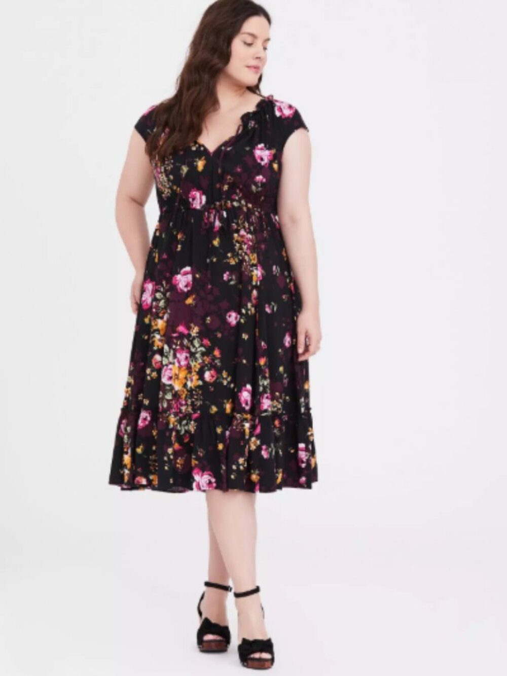 Torrid Black Floral Tie Front Challis Midi Dress